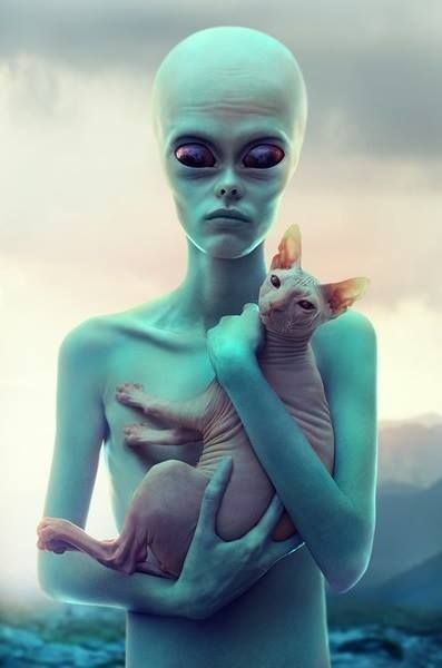 Alien poses with a hairless dog on its arms